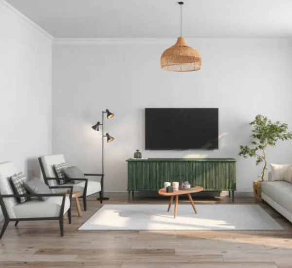 Modern living room with area rug visualization markers showing customizable home decor products